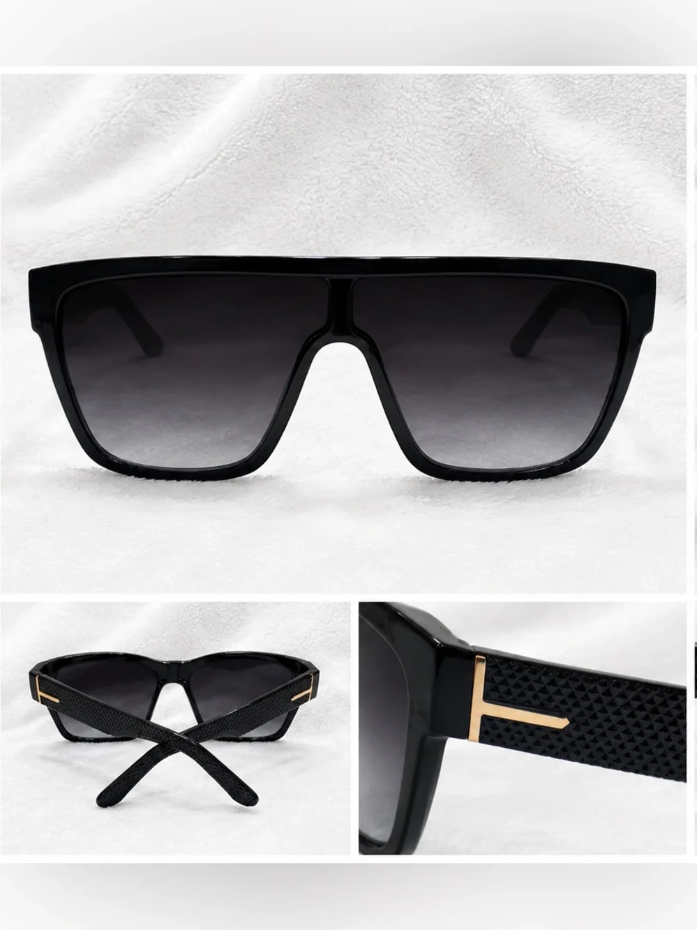 Black Oversized Shield Sunglasses with Gold Accent
